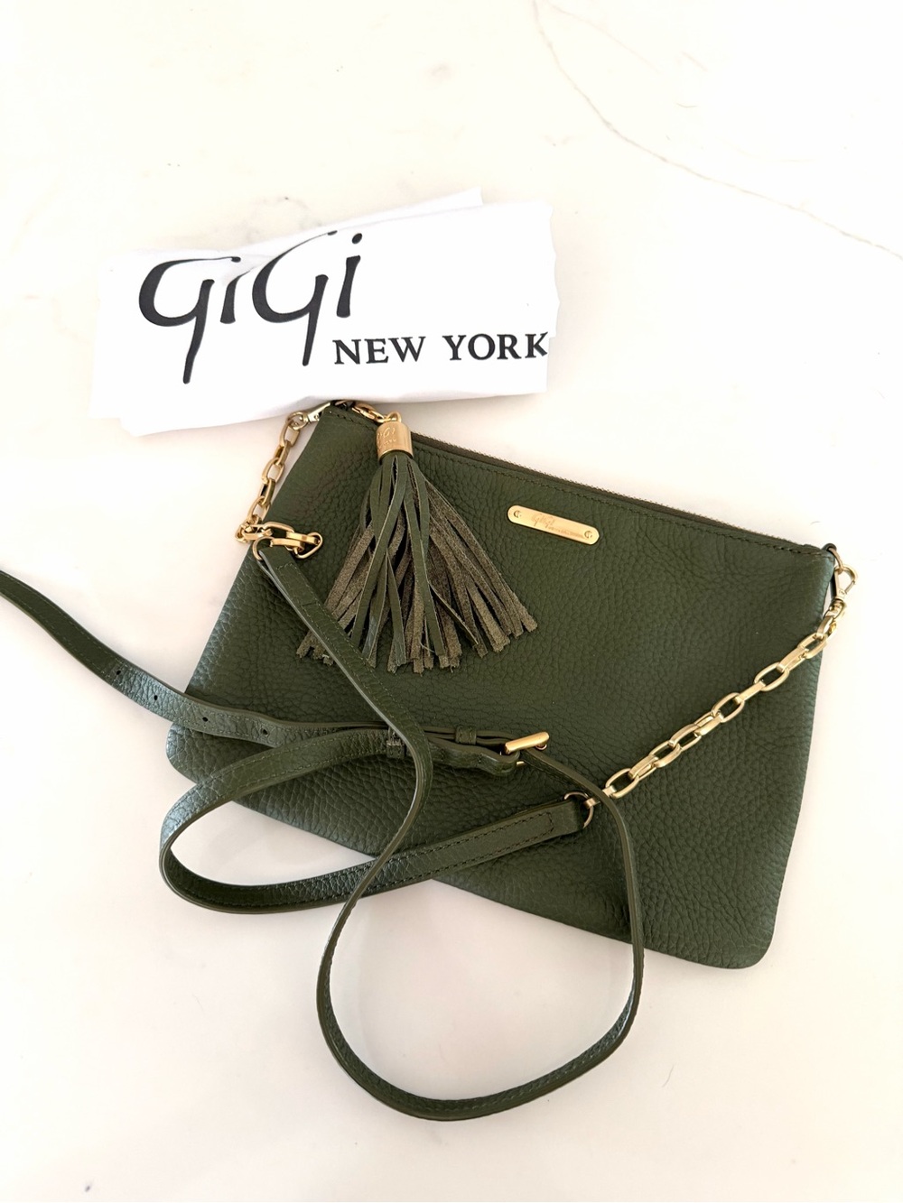 GIGI New York•Chelsea Olive green pebble leather crossbody clutch bag NWOT